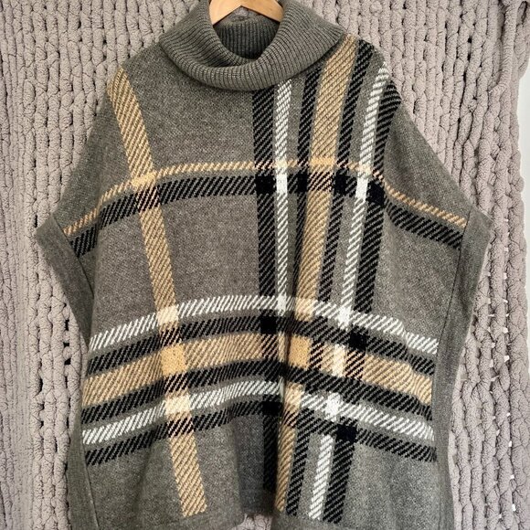 Joe Fresh Sweaters - Joe Fresh Plaid Turtleneck Poncho black, beige, white & taupe O/S